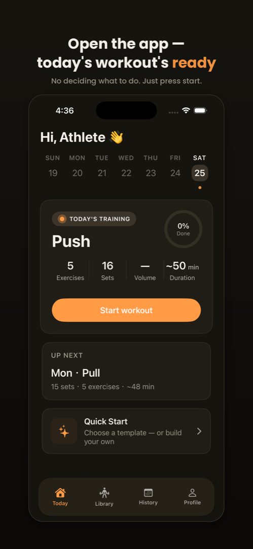 WeekFit Today screen with weekly plan