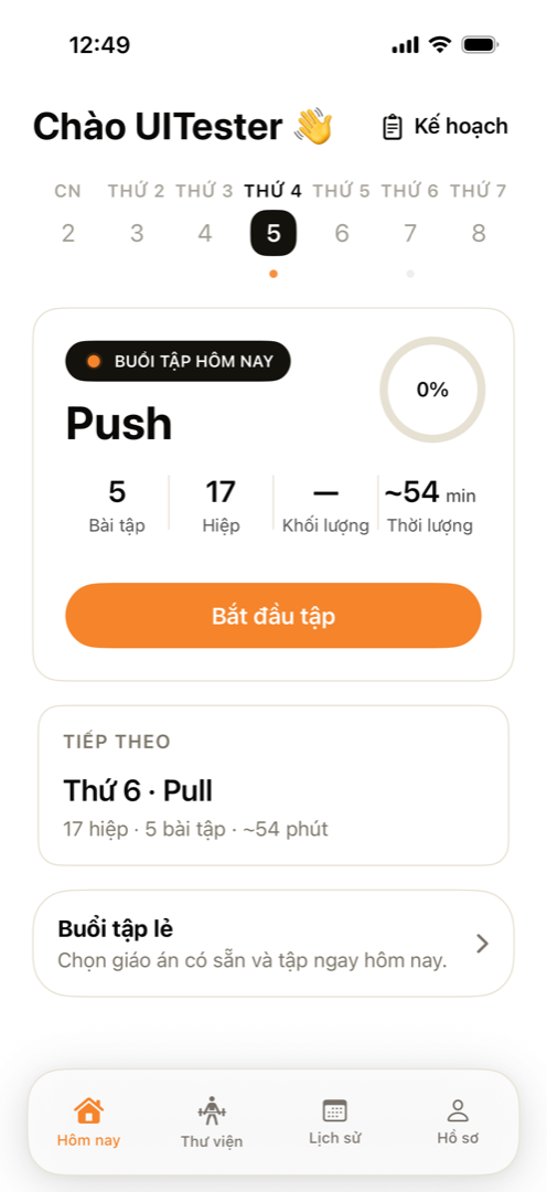 Màn hình Hôm nay của WeekFit với lịch tập tuần